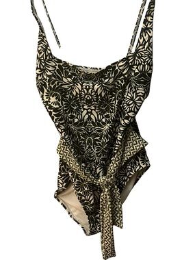 Ellen Tracy Black, Green and Cream Floral One-Piece Swimsuit